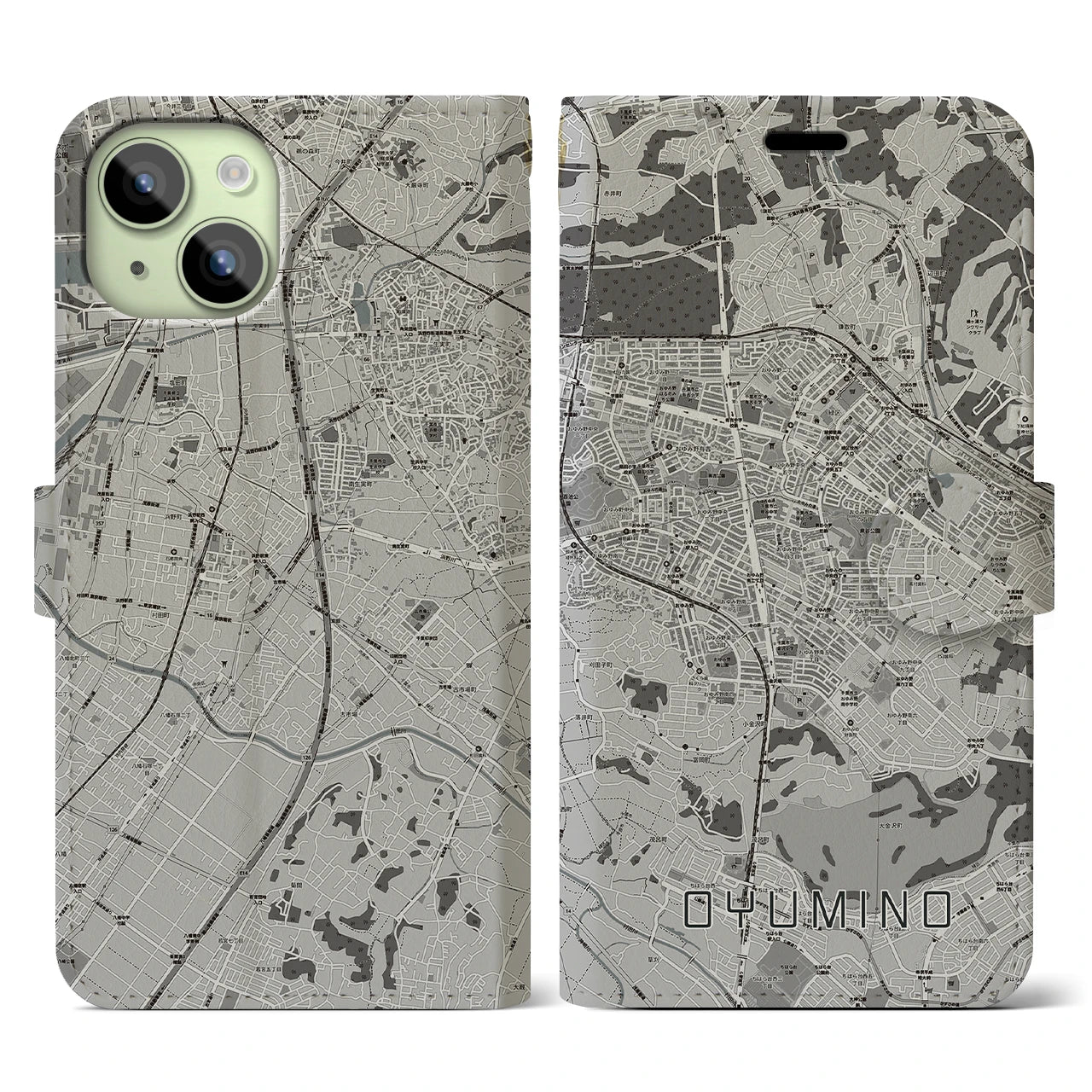 【おゆみ野(千葉県)】地図柄iPhoneケース(手帳タイプ)モノトーン・iPhone 15 用