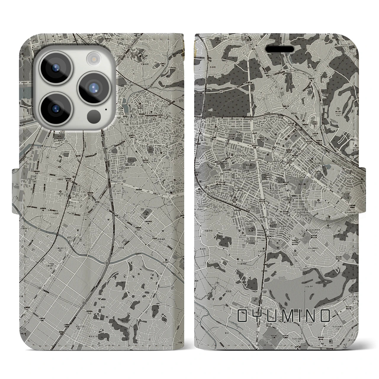 【おゆみ野(千葉県)】地図柄iPhoneケース(手帳タイプ)モノトーン・iPhone 15 Pro 用