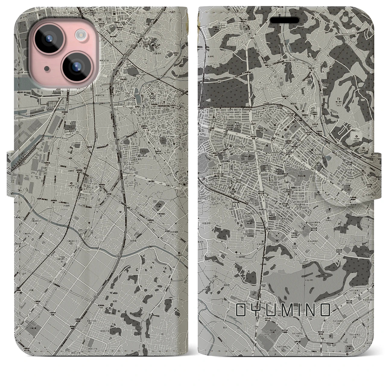 【おゆみ野(千葉県)】地図柄iPhoneケース(手帳タイプ)モノトーン・iPhone 15 Plus 用
