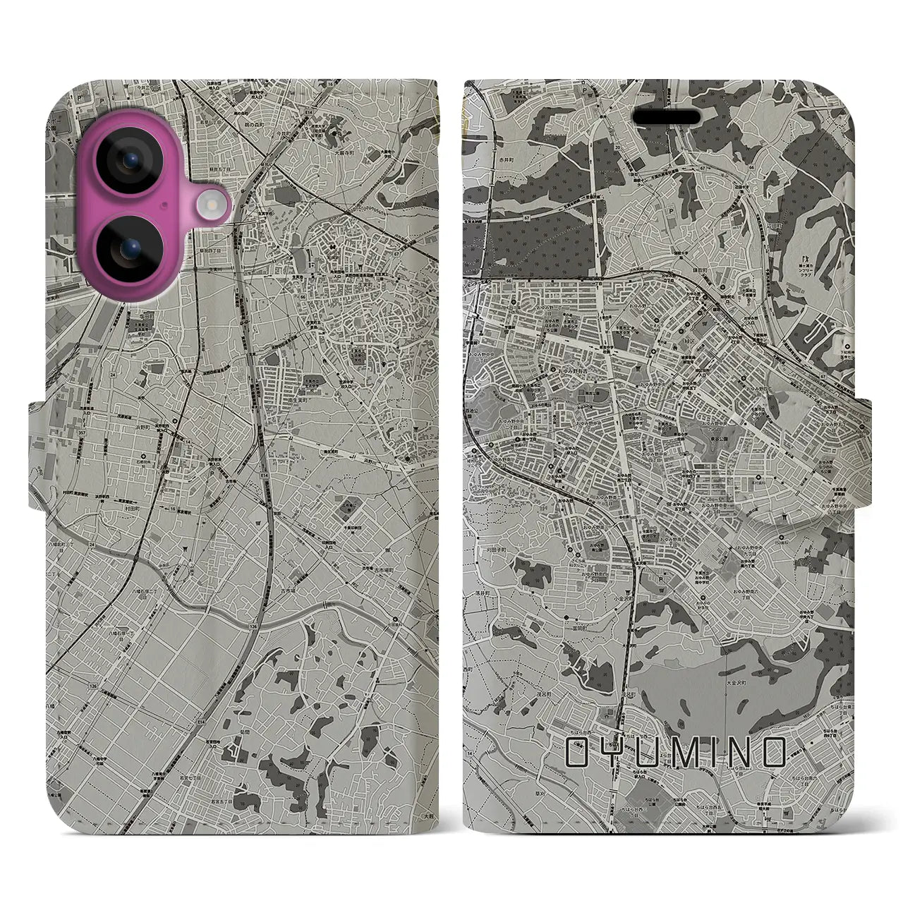 【おゆみ野(千葉県)】地図柄iPhoneケース(手帳タイプ)モノトーン・iPhone 16 Pro 用
