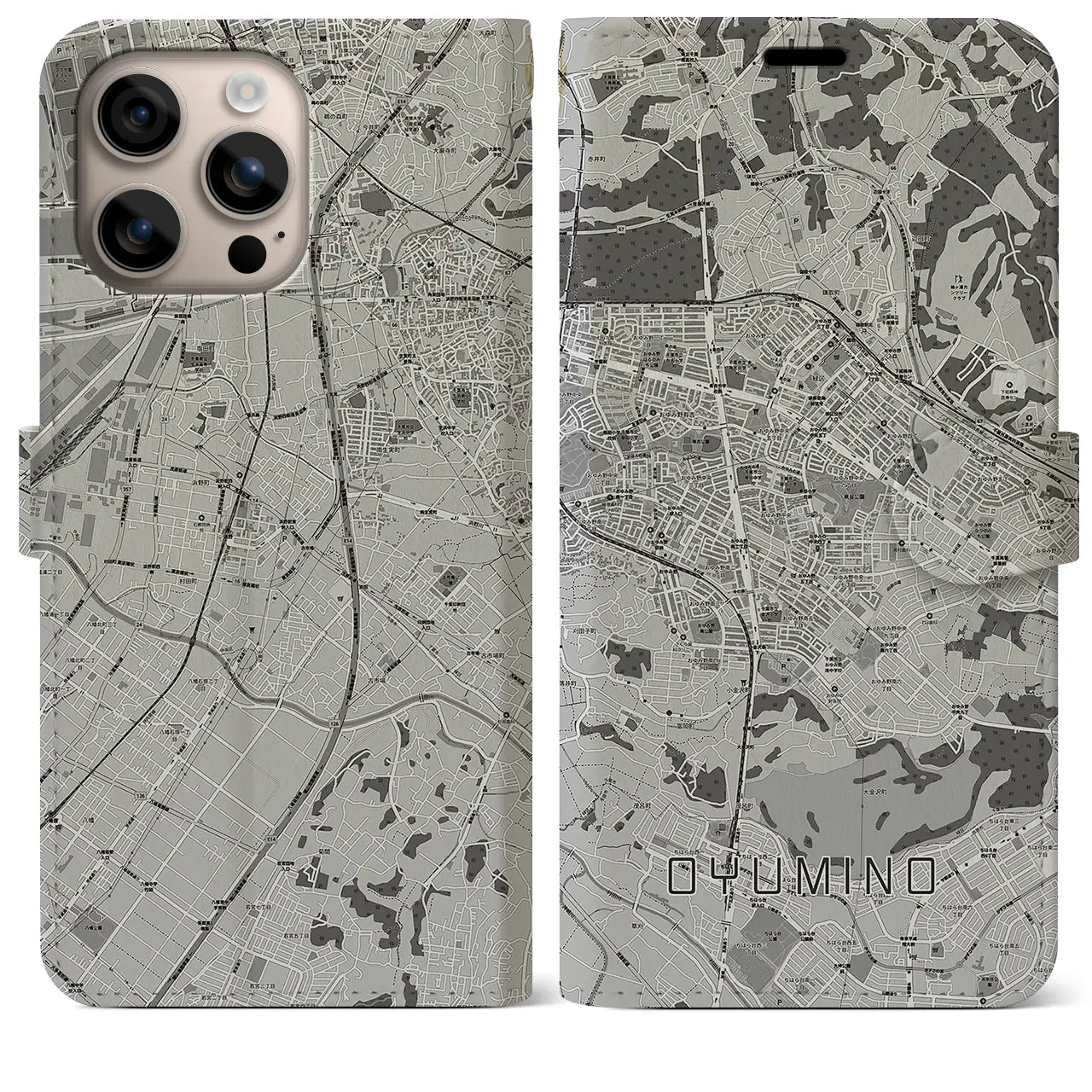 【おゆみ野(千葉県)】地図柄iPhoneケース(手帳タイプ)モノトーン・iPhone 16 Plus 用