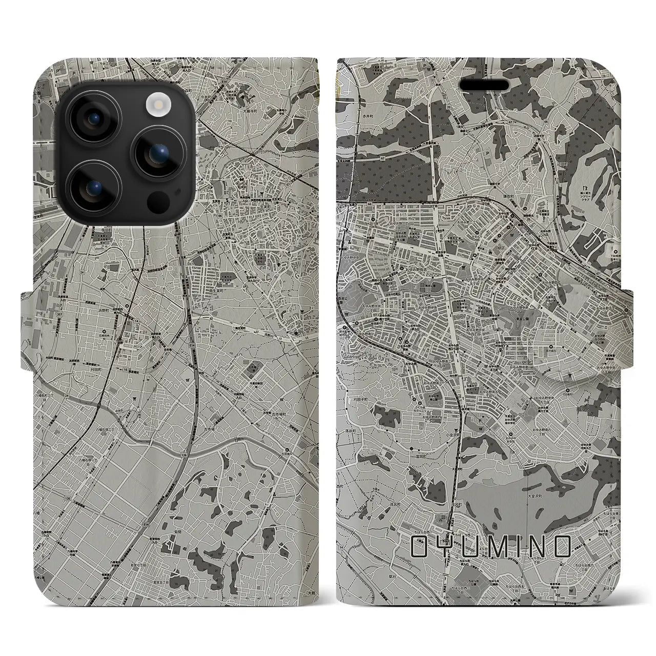 【おゆみ野(千葉県)】地図柄iPhoneケース(手帳タイプ)モノトーン・iPhone 16 用