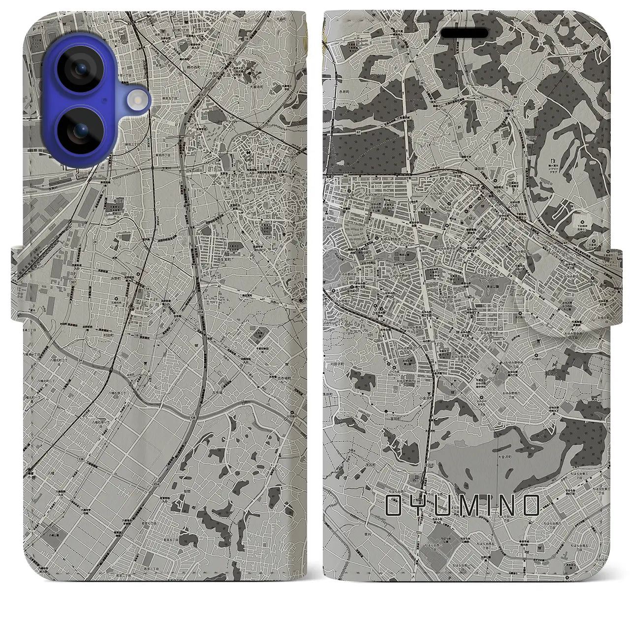 【おゆみ野(千葉県)】地図柄iPhoneケース(手帳タイプ)モノトーン・iPhone 16 Pro Max 用