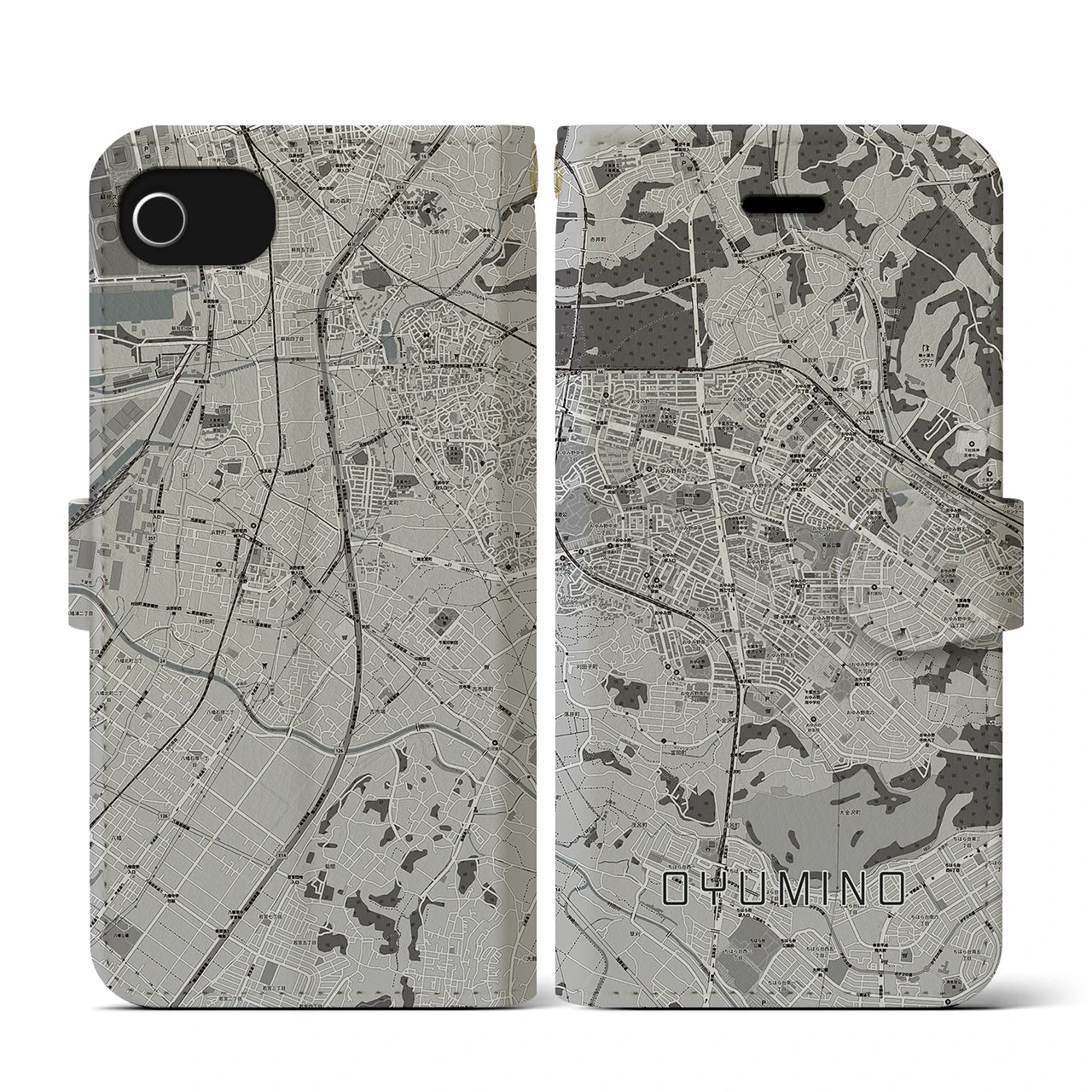 【おゆみ野(千葉県)】地図柄iPhoneケース(手帳タイプ)モノトーン・iPhone SE(第3 / 第2世代) / 8 / 7 / 6s / 6 用