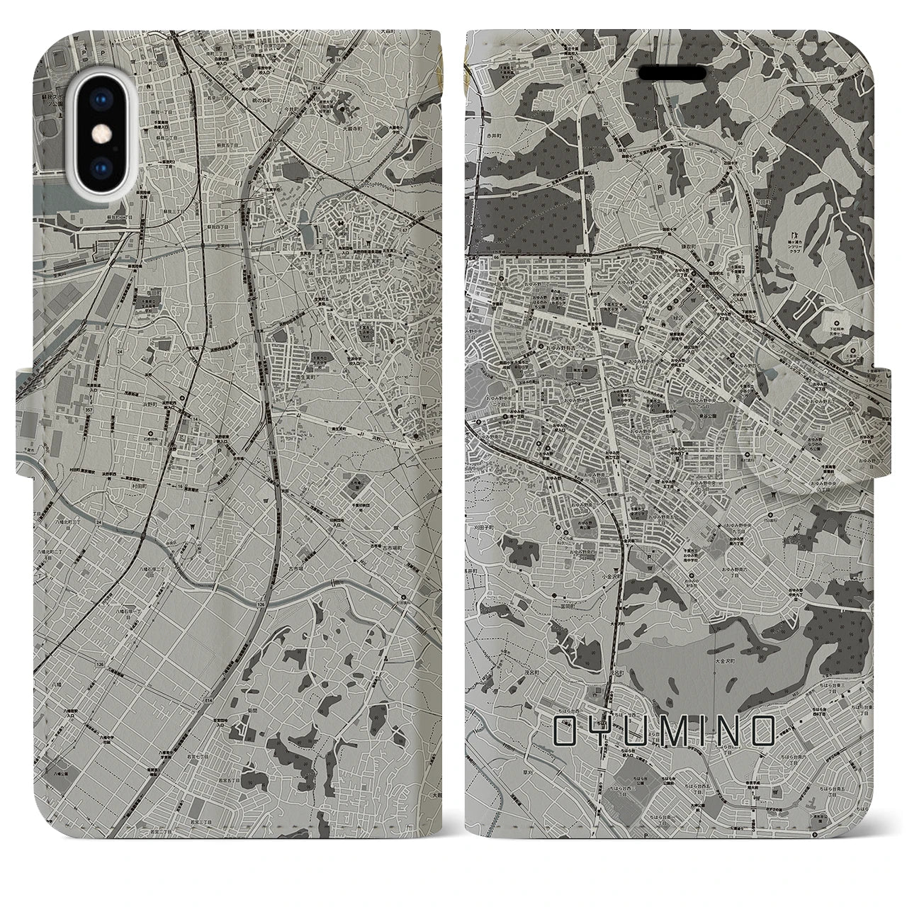 【おゆみ野(千葉県)】地図柄iPhoneケース(手帳タイプ)モノトーン・iPhone XS Max 用
