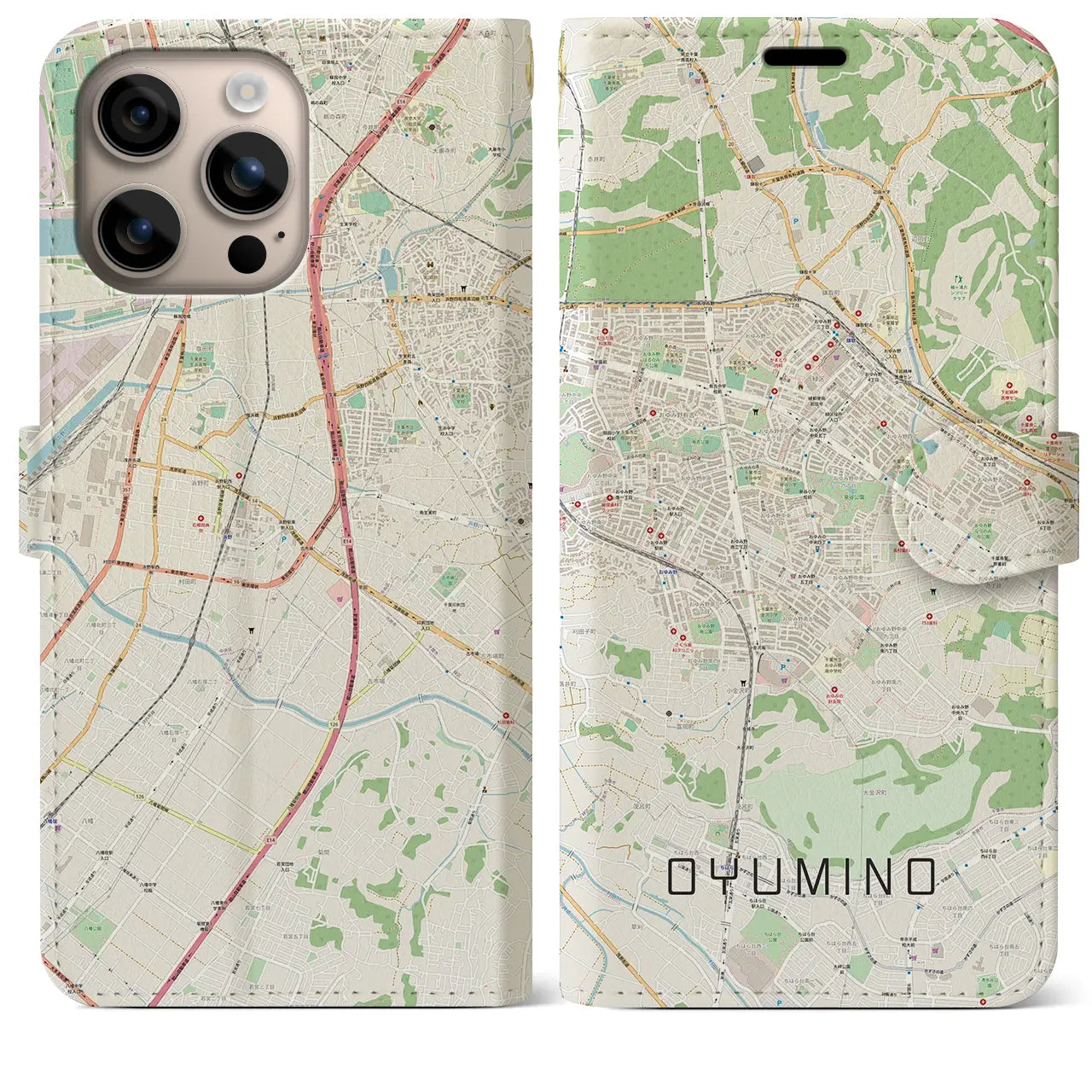 【おゆみ野(千葉県)】地図柄iPhoneケース(手帳タイプ)ナチュラル・iPhone 16 Plus 用