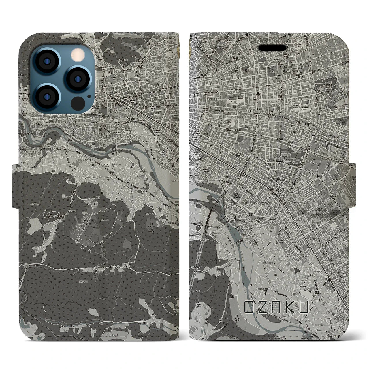 【小作(東京都)】地図柄iPhoneケース(手帳タイプ)モノトーン・iPhone 12 / 12 Pro 用
