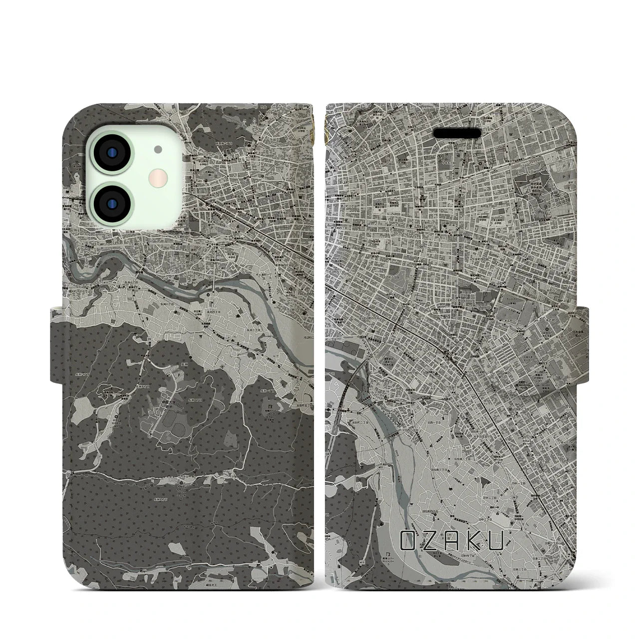 【小作(東京都)】地図柄iPhoneケース(手帳タイプ)モノトーン・iPhone 12 mini 用