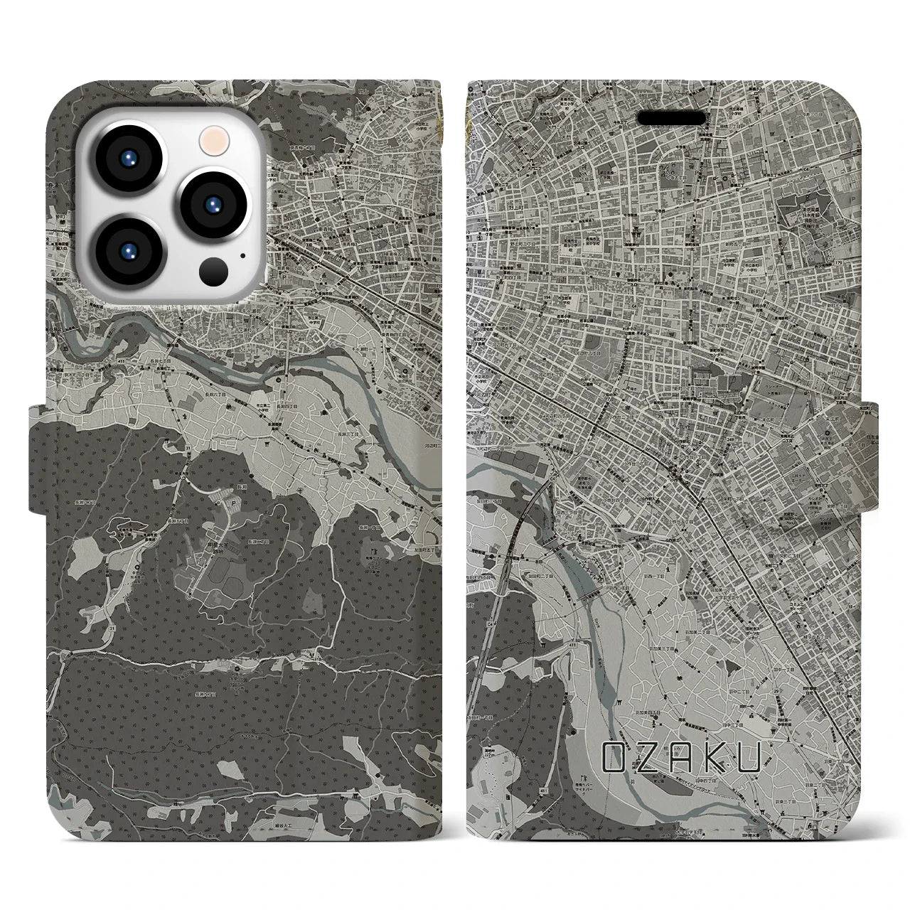【小作(東京都)】地図柄iPhoneケース(手帳タイプ)モノトーン・iPhone 13 Pro 用