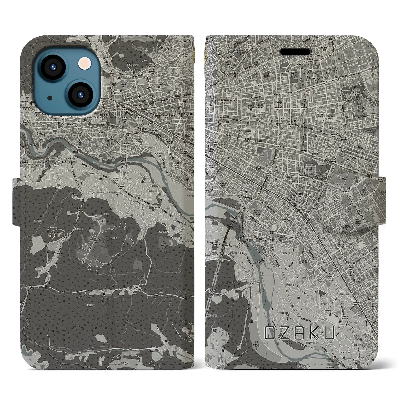 【小作(東京都)】地図柄iPhoneケース(手帳タイプ)モノトーン・iPhone 13 用
