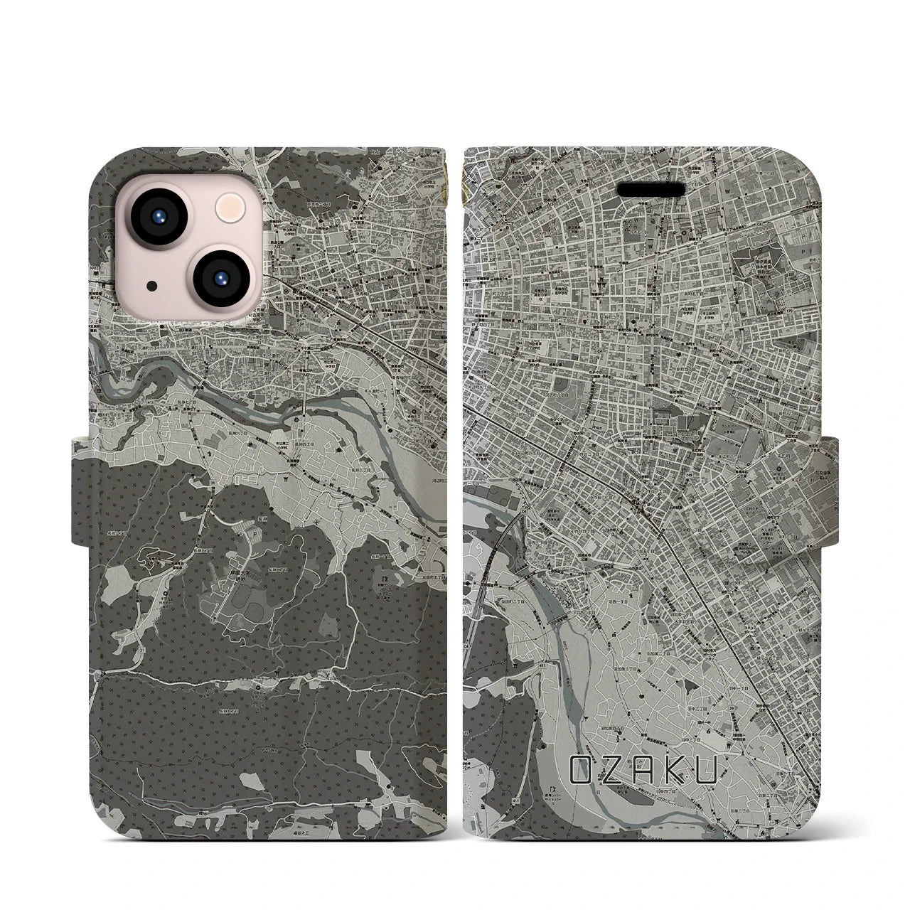 【小作(東京都)】地図柄iPhoneケース(手帳タイプ)モノトーン・iPhone 13 mini 用