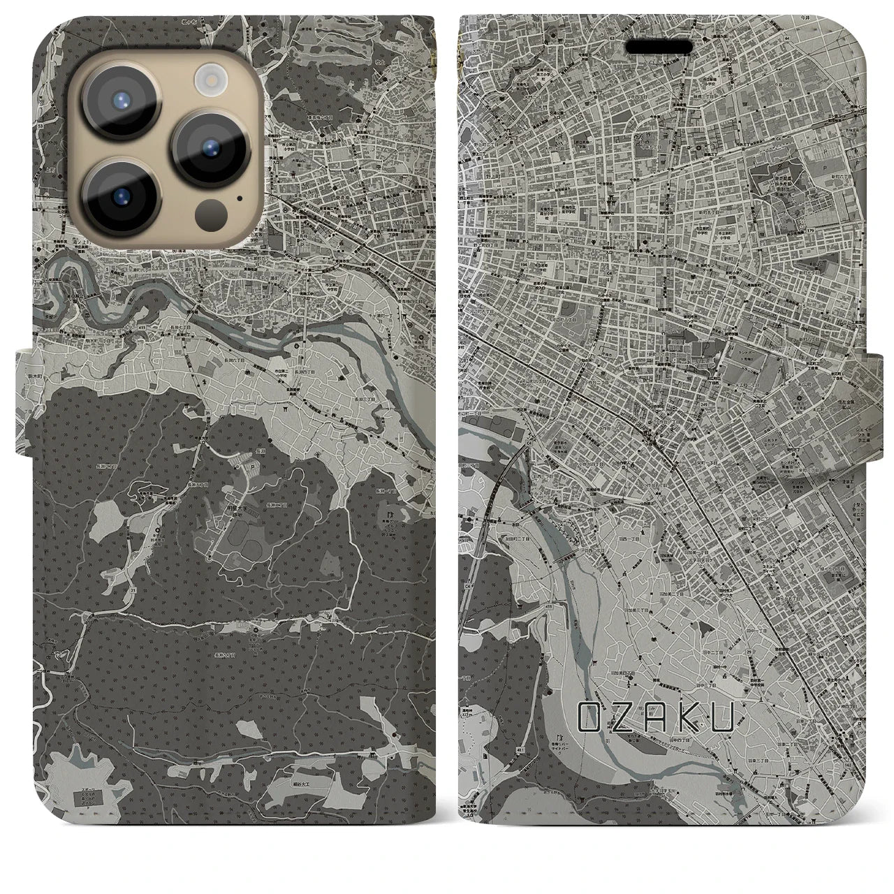 【小作(東京都)】地図柄iPhoneケース(手帳タイプ)モノトーン・iPhone 14 Pro Max 用