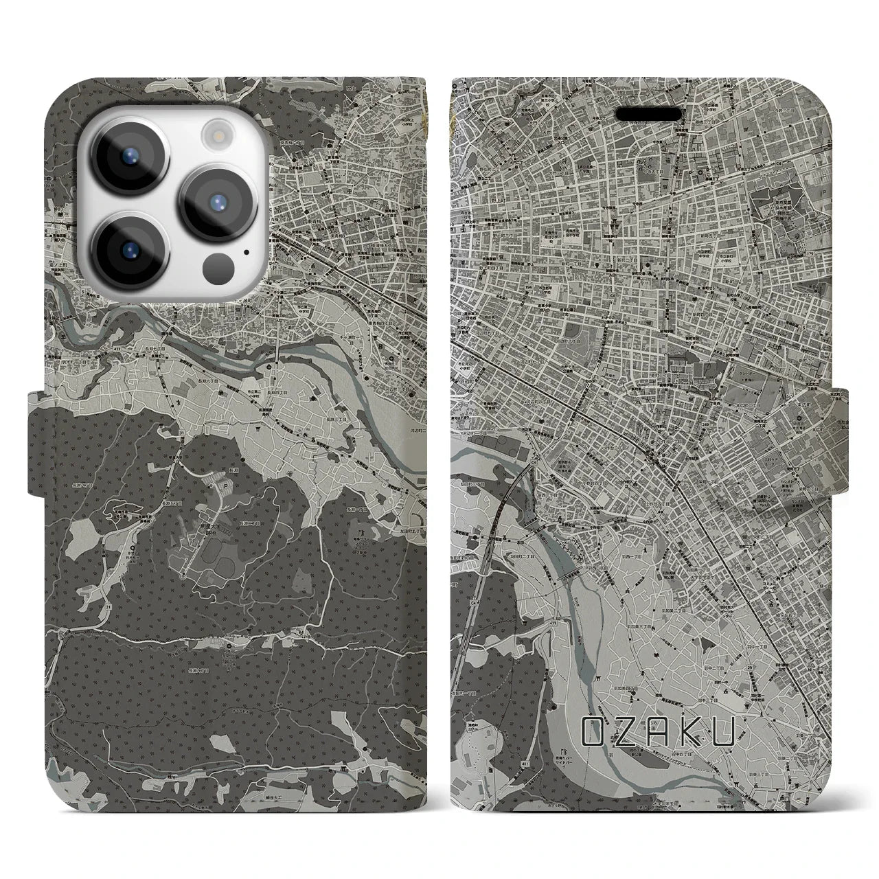 【小作(東京都)】地図柄iPhoneケース(手帳タイプ)モノトーン・iPhone 14 Pro 用