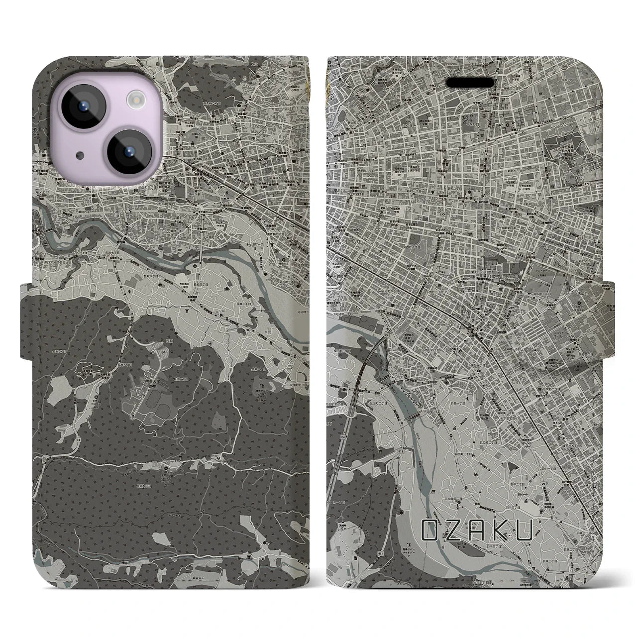 【小作(東京都)】地図柄iPhoneケース(手帳タイプ)モノトーン・iPhone 14 用