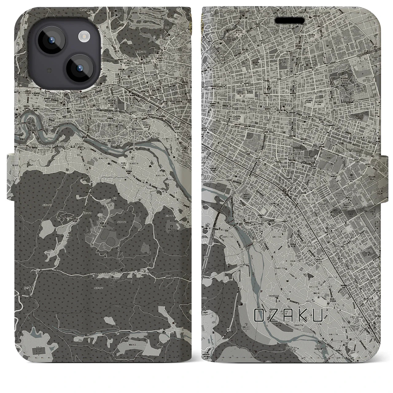 【小作(東京都)】地図柄iPhoneケース(手帳タイプ)モノトーン・iPhone 14 Plus 用