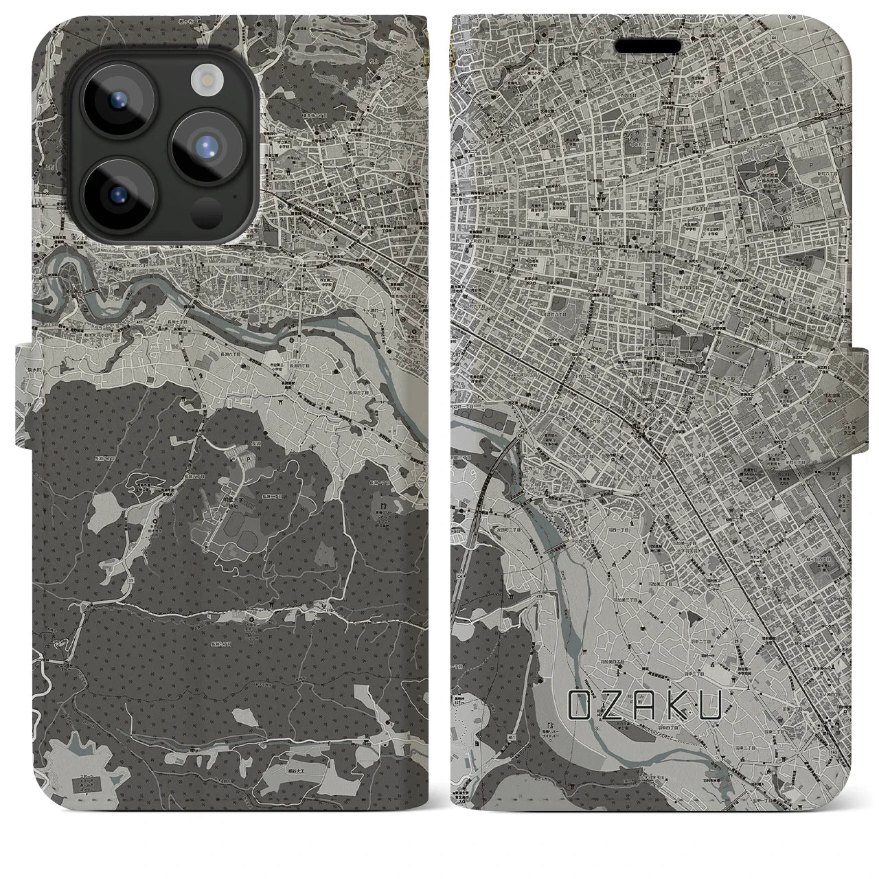 【小作(東京都)】地図柄iPhoneケース(手帳タイプ)モノトーン・iPhone 15 Pro Max 用