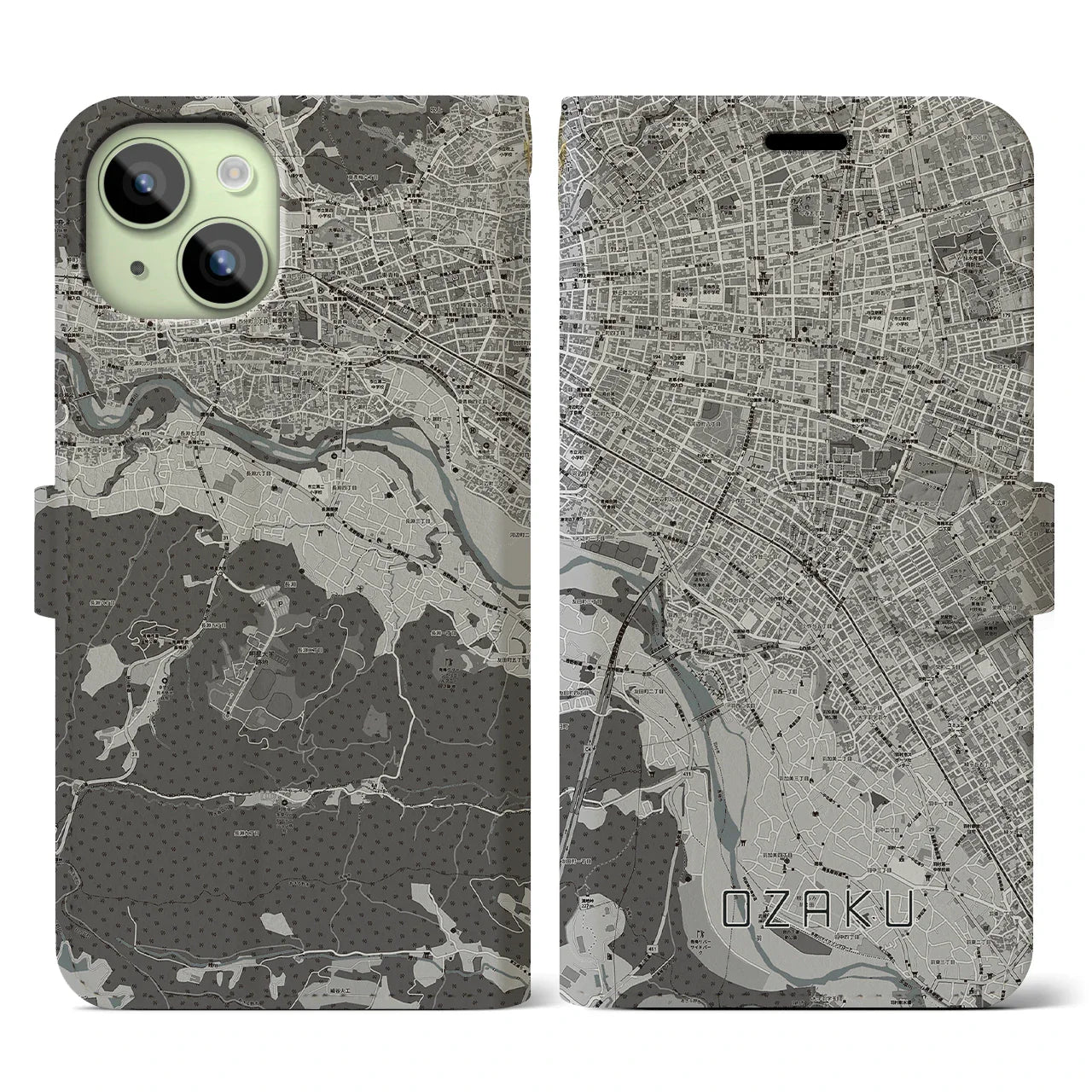 【小作(東京都)】地図柄iPhoneケース(手帳タイプ)モノトーン・iPhone 15 用
