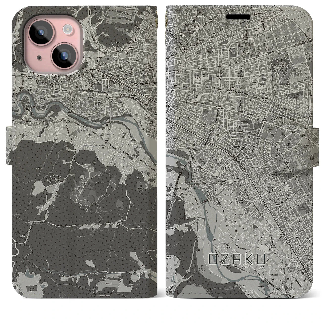 【小作(東京都)】地図柄iPhoneケース(手帳タイプ)モノトーン・iPhone 15 Plus 用