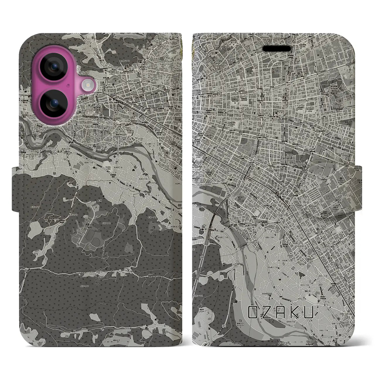 【小作(東京都)】地図柄iPhoneケース(手帳タイプ)モノトーン・iPhone 16 Pro 用