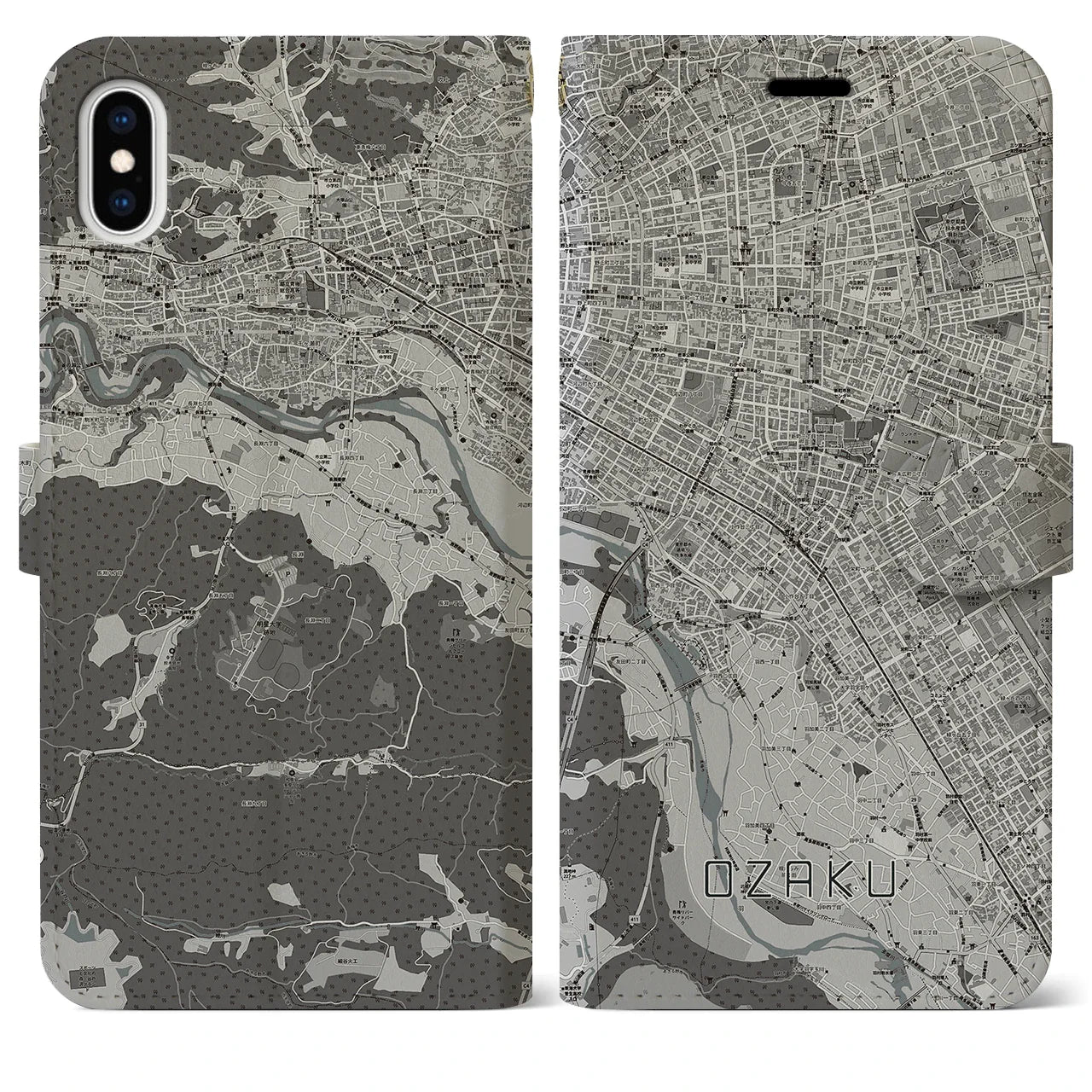 【小作(東京都)】地図柄iPhoneケース(手帳タイプ)モノトーン・iPhone XS Max 用