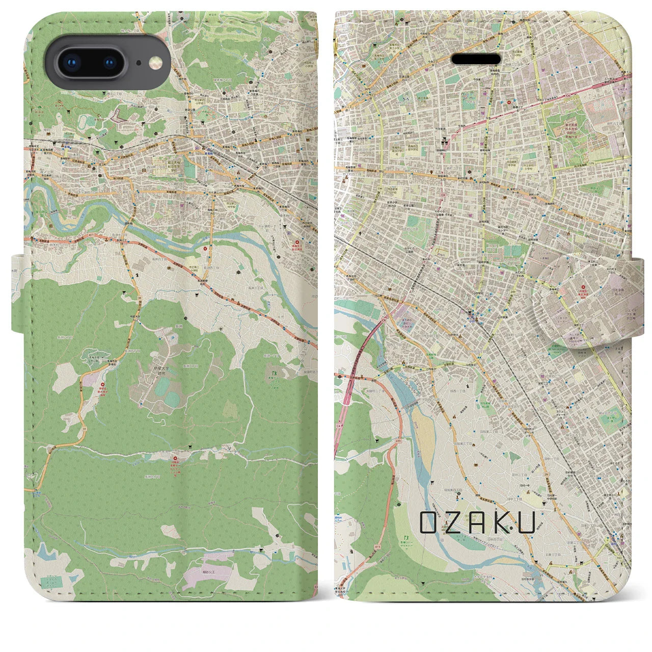 【小作(東京都)】地図柄iPhoneケース(手帳タイプ)ナチュラル・iPhone 8Plus /7Plus / 6sPlus / 6Plus 用