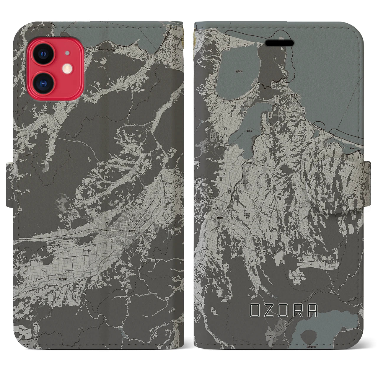 【大空(北海道)】地図柄iPhoneケース(手帳タイプ)モノトーン・iPhone 11 用