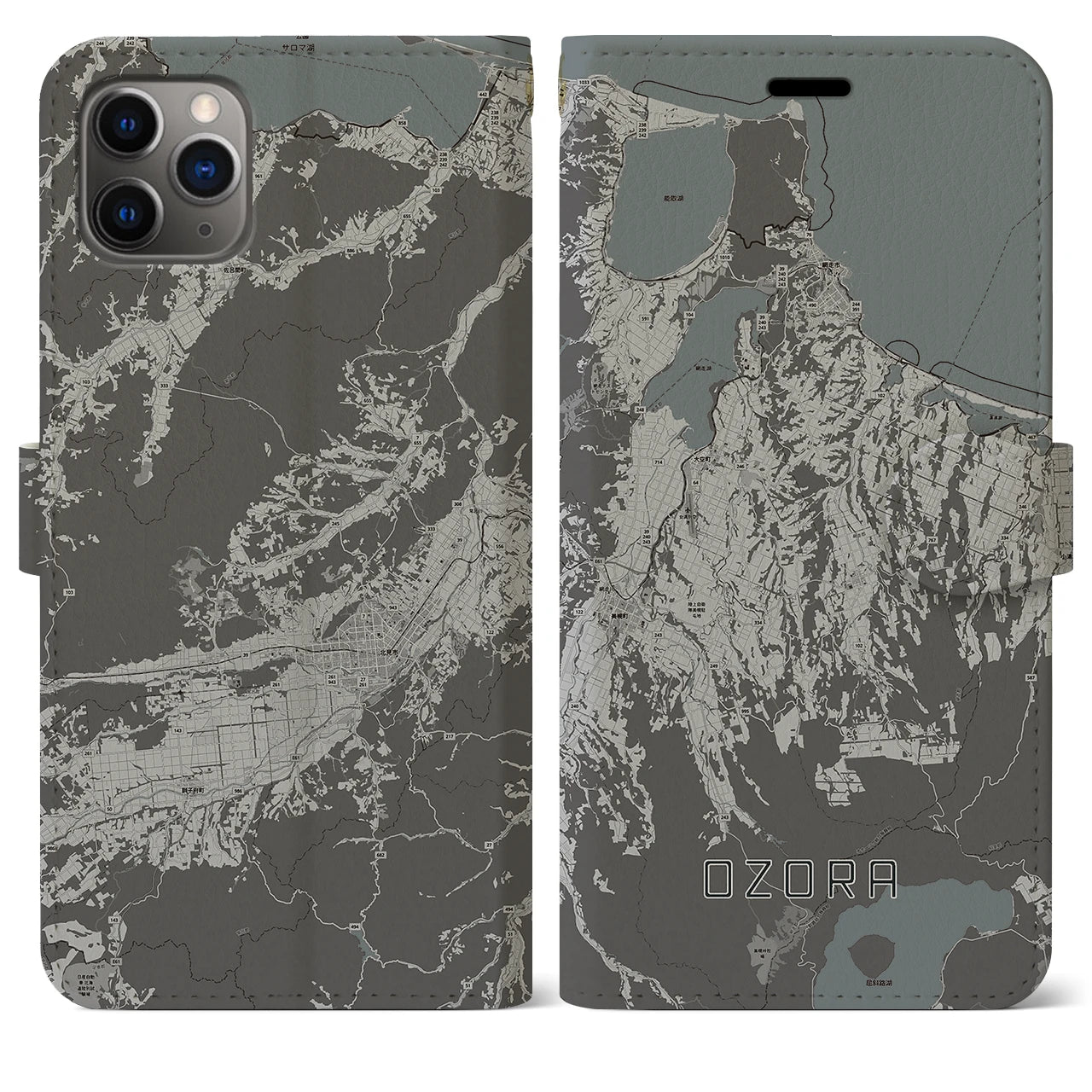 【大空(北海道)】地図柄iPhoneケース(手帳タイプ)モノトーン・iPhone 11 Pro Max 用