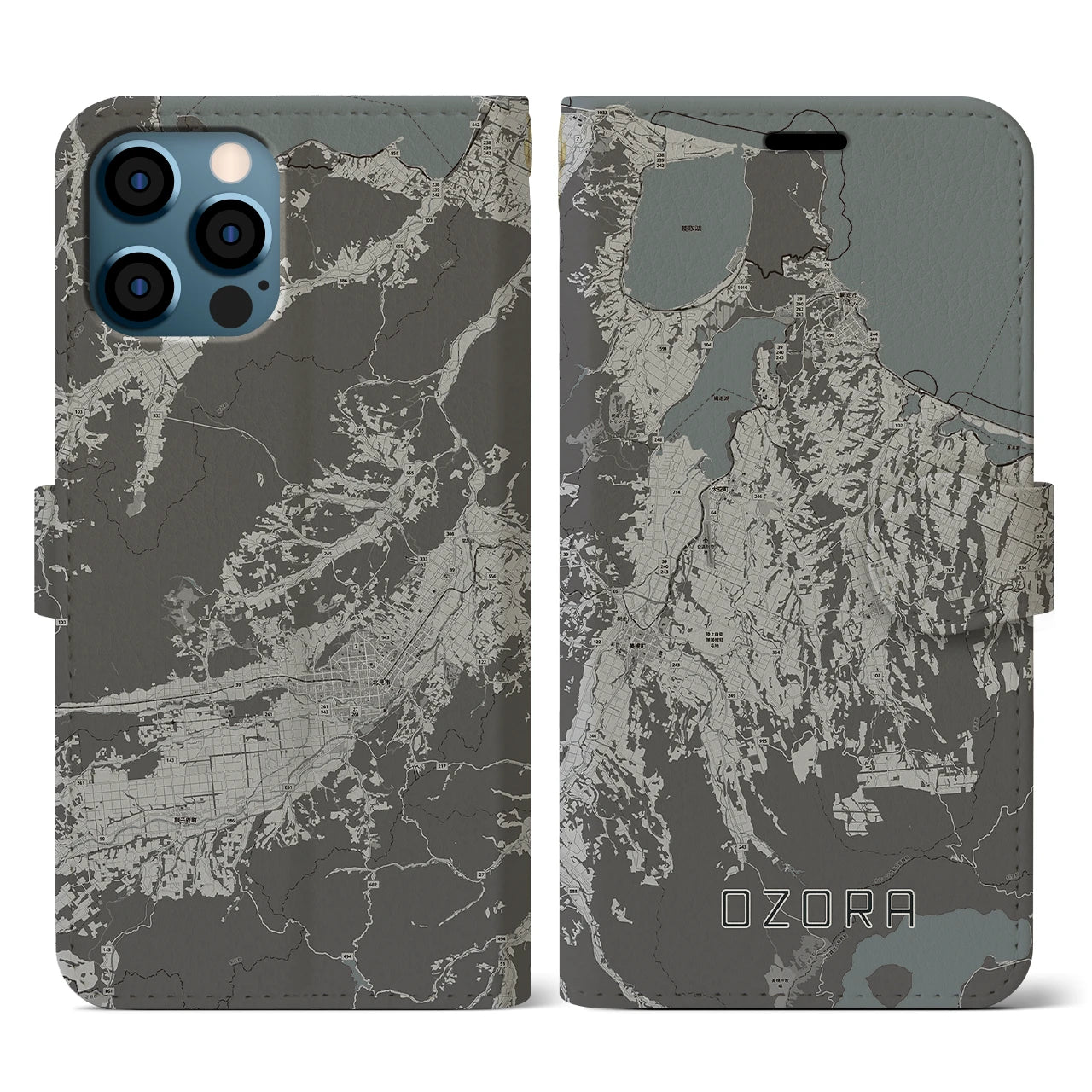 【大空(北海道)】地図柄iPhoneケース(手帳タイプ)モノトーン・iPhone 12 / 12 Pro 用