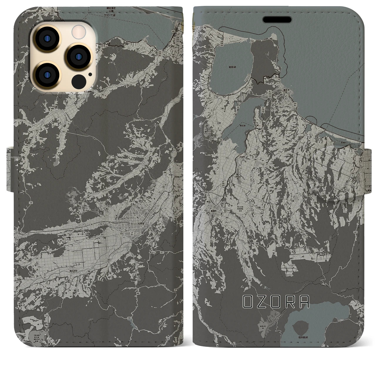 【大空(北海道)】地図柄iPhoneケース(手帳タイプ)モノトーン・iPhone 12 Pro Max 用