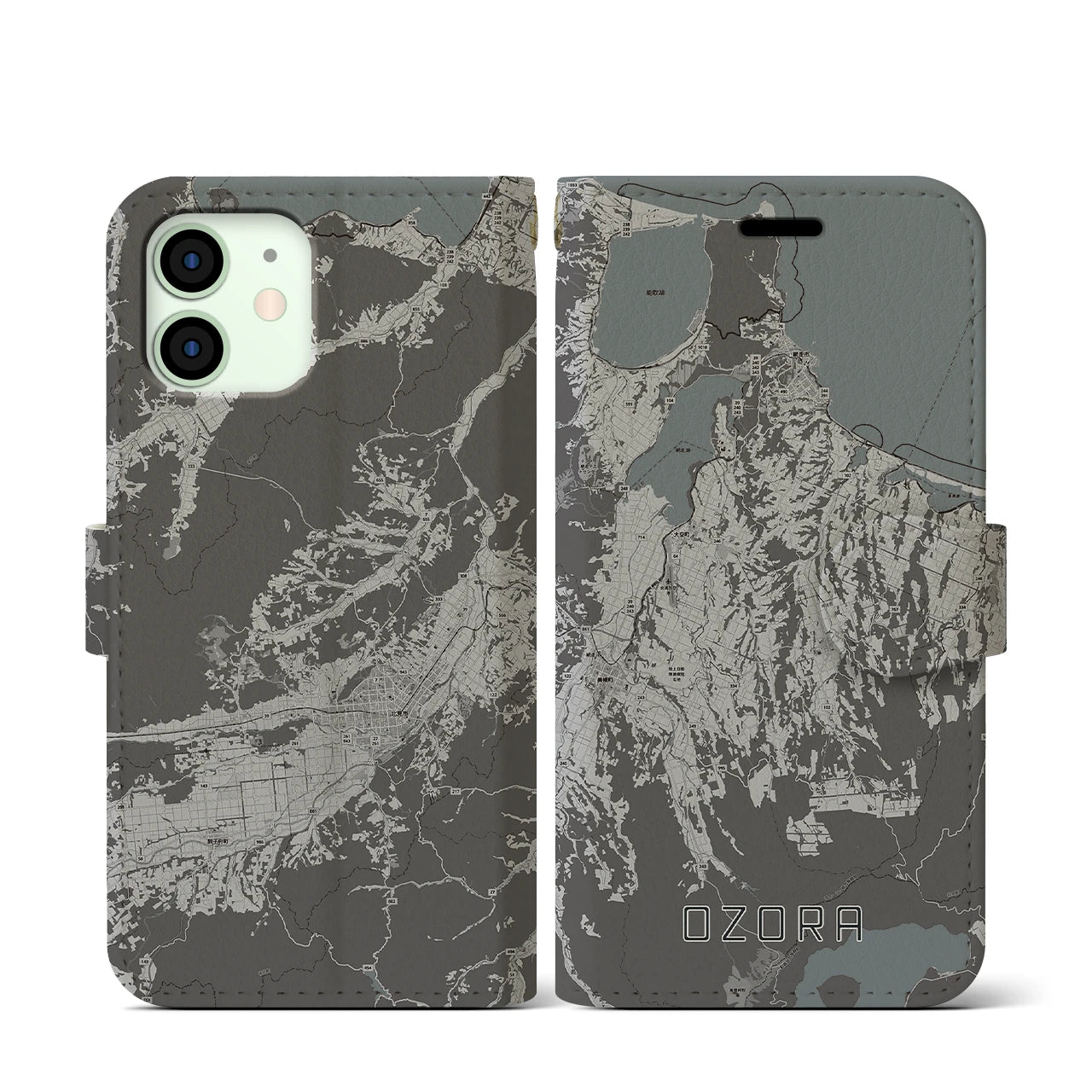 【大空(北海道)】地図柄iPhoneケース(手帳タイプ)モノトーン・iPhone 12 mini 用