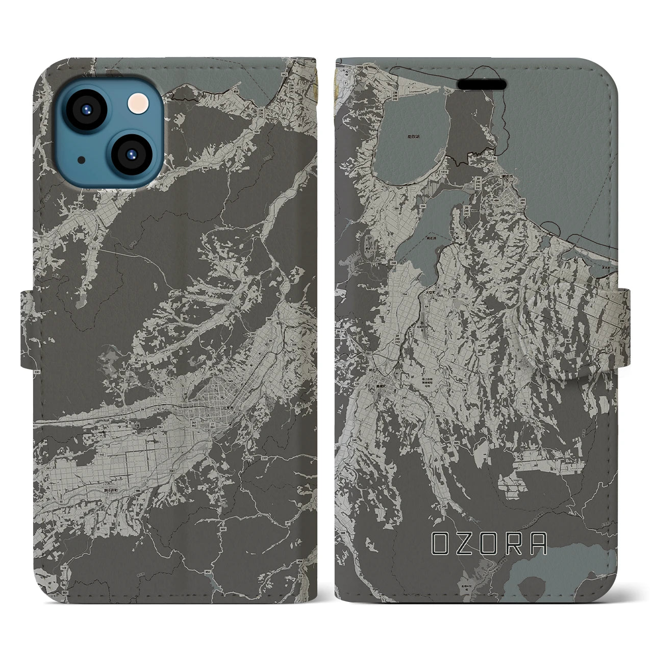 【大空(北海道)】地図柄iPhoneケース(手帳タイプ)モノトーン・iPhone 13 用