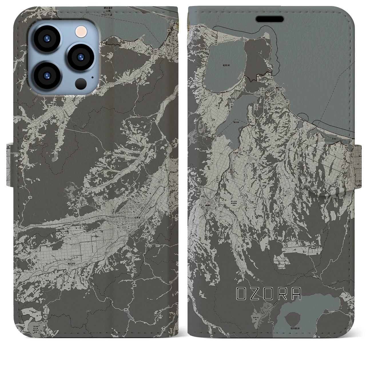 【大空(北海道)】地図柄iPhoneケース(手帳タイプ)モノトーン・iPhone 13 Pro Max 用