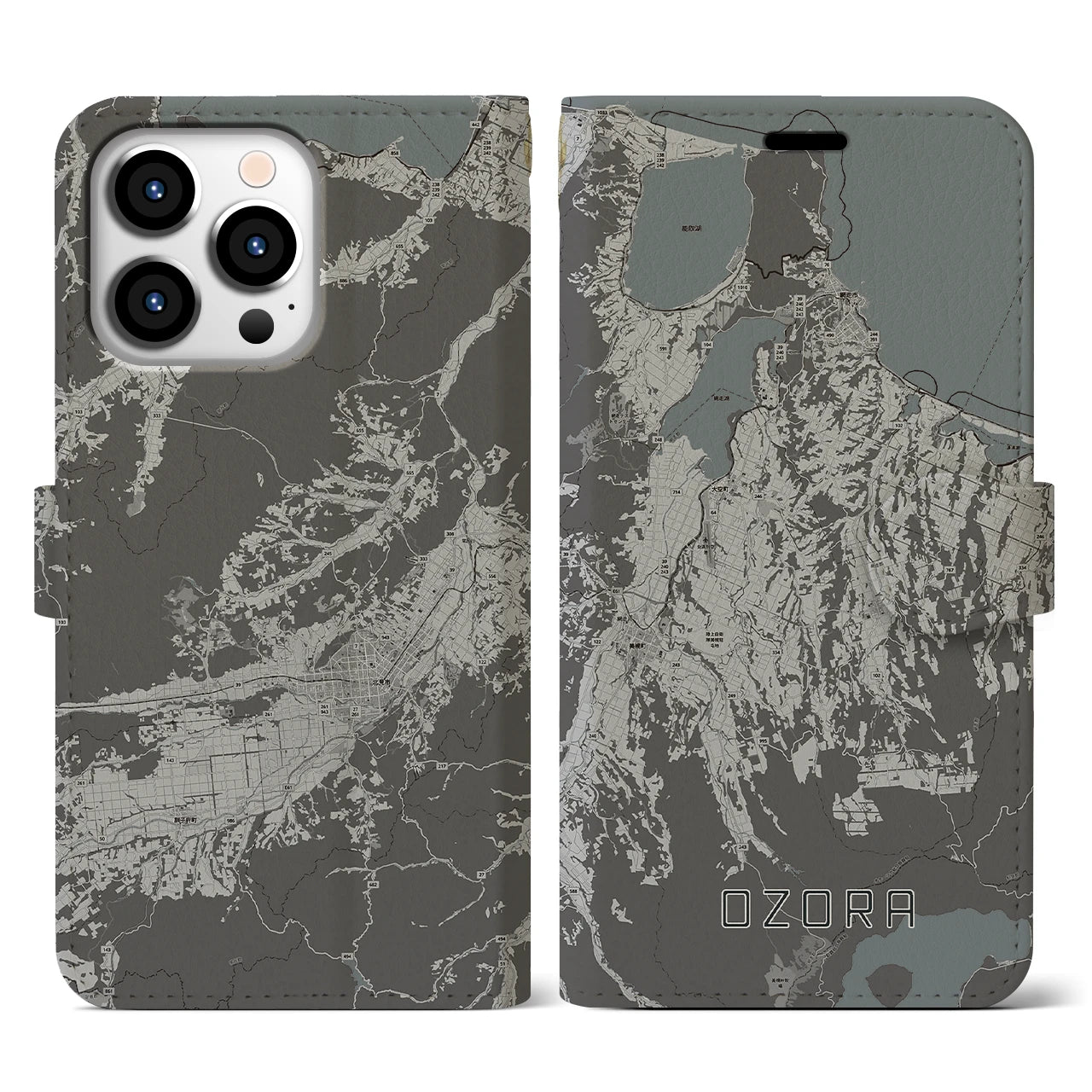 【大空(北海道)】地図柄iPhoneケース(手帳タイプ)モノトーン・iPhone 13 Pro 用