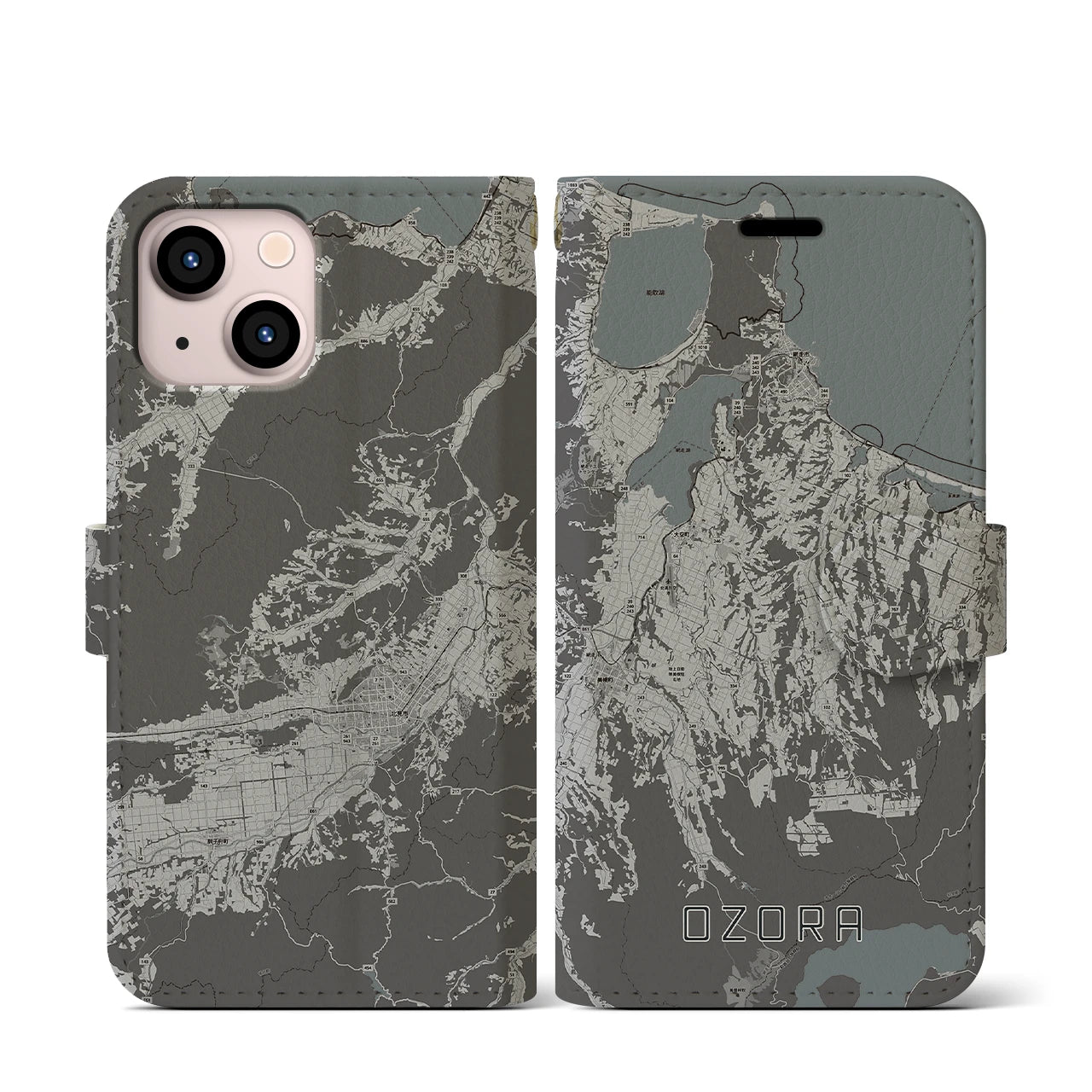 【大空(北海道)】地図柄iPhoneケース(手帳タイプ)モノトーン・iPhone 13 mini 用