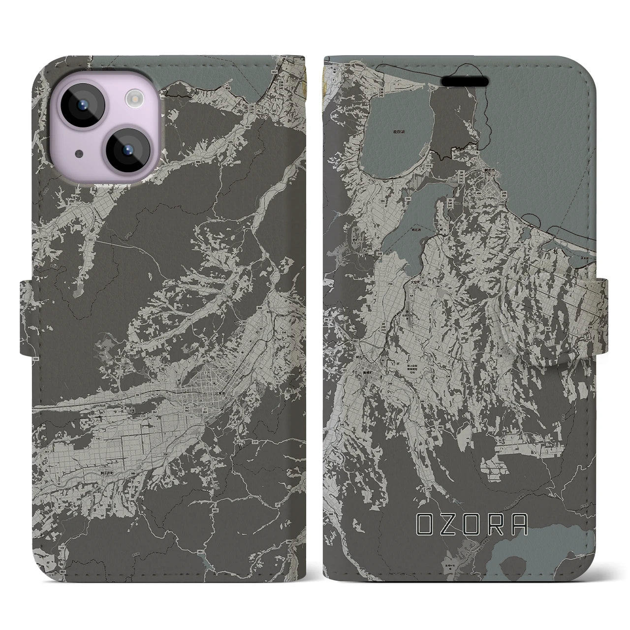 【大空(北海道)】地図柄iPhoneケース(手帳タイプ)モノトーン・iPhone 14 用