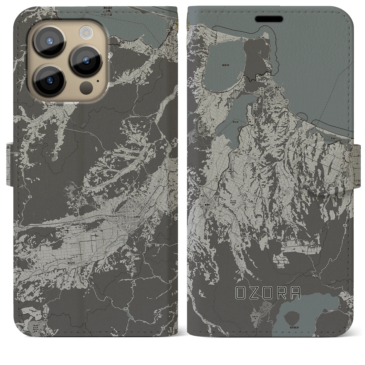 【大空(北海道)】地図柄iPhoneケース(手帳タイプ)モノトーン・iPhone 14 Pro Max 用