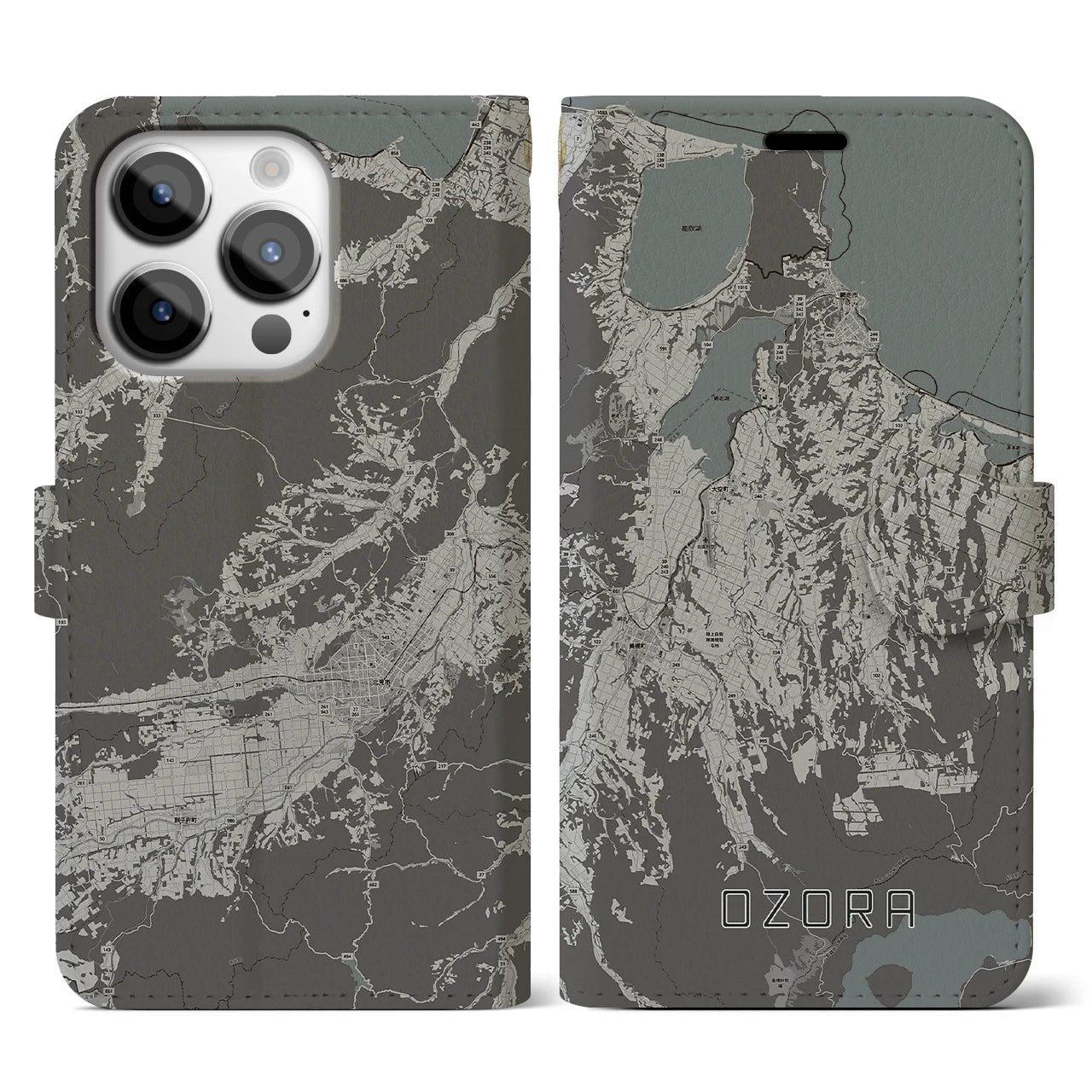 【大空(北海道)】地図柄iPhoneケース(手帳タイプ)モノトーン・iPhone 14 Pro 用