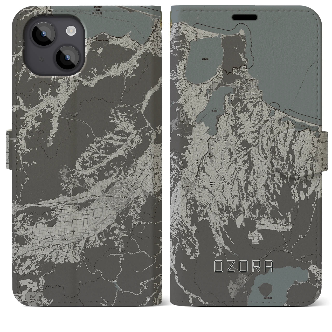 【大空(北海道)】地図柄iPhoneケース(手帳タイプ)モノトーン・iPhone 14 Plus 用