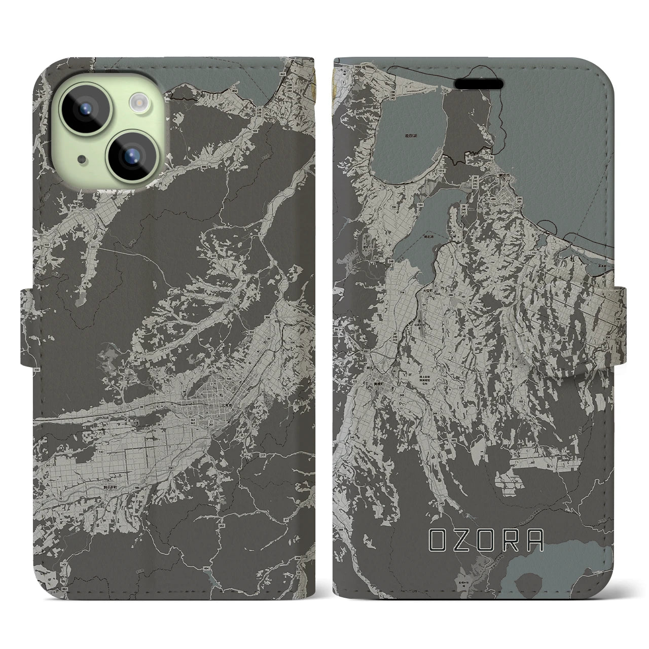 【大空(北海道)】地図柄iPhoneケース(手帳タイプ)モノトーン・iPhone 15 用