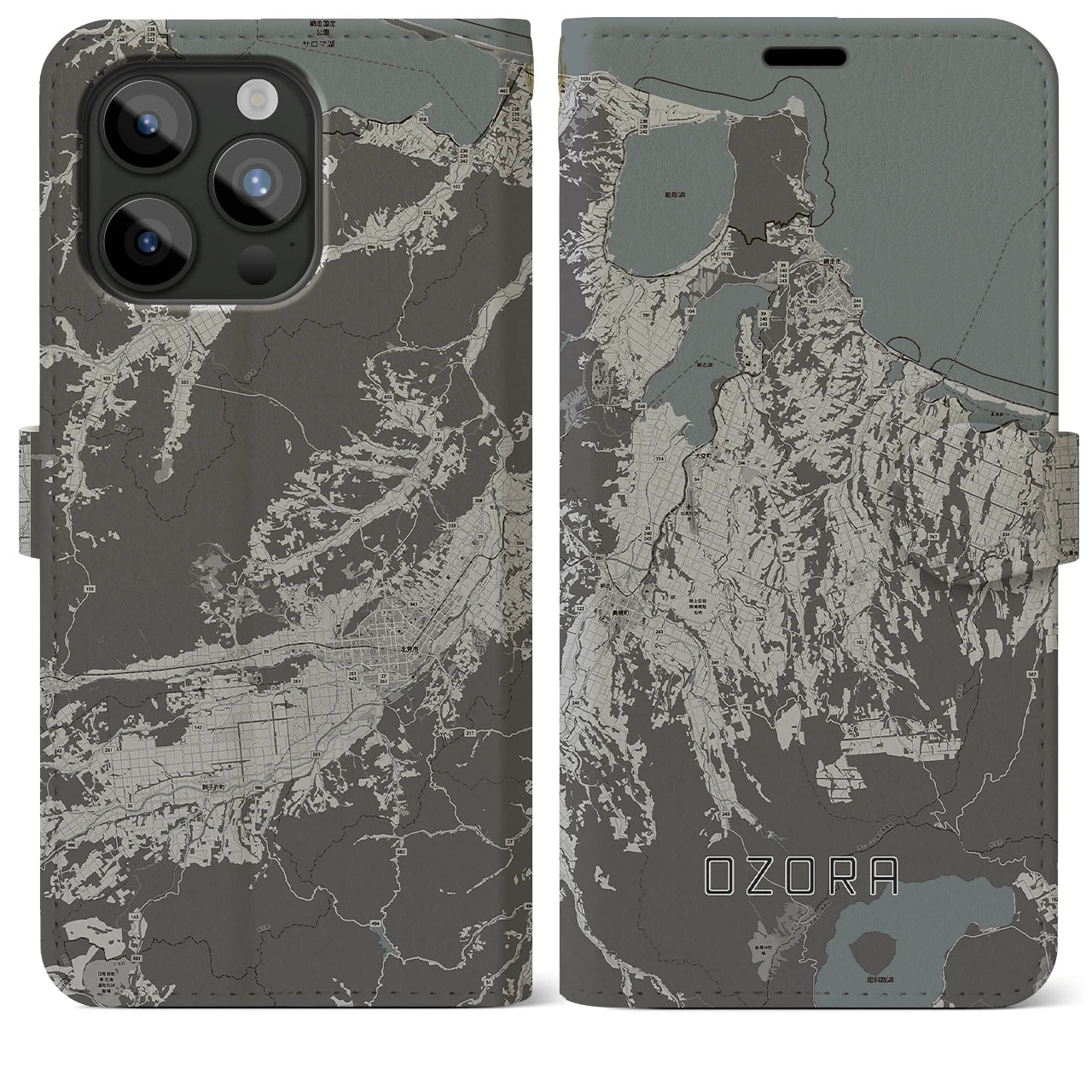 【大空(北海道)】地図柄iPhoneケース(手帳タイプ)モノトーン・iPhone 15 Pro Max 用