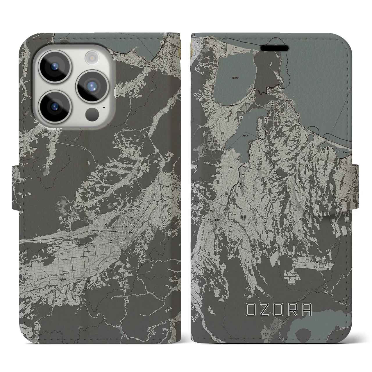 【大空(北海道)】地図柄iPhoneケース(手帳タイプ)モノトーン・iPhone 15 Pro 用