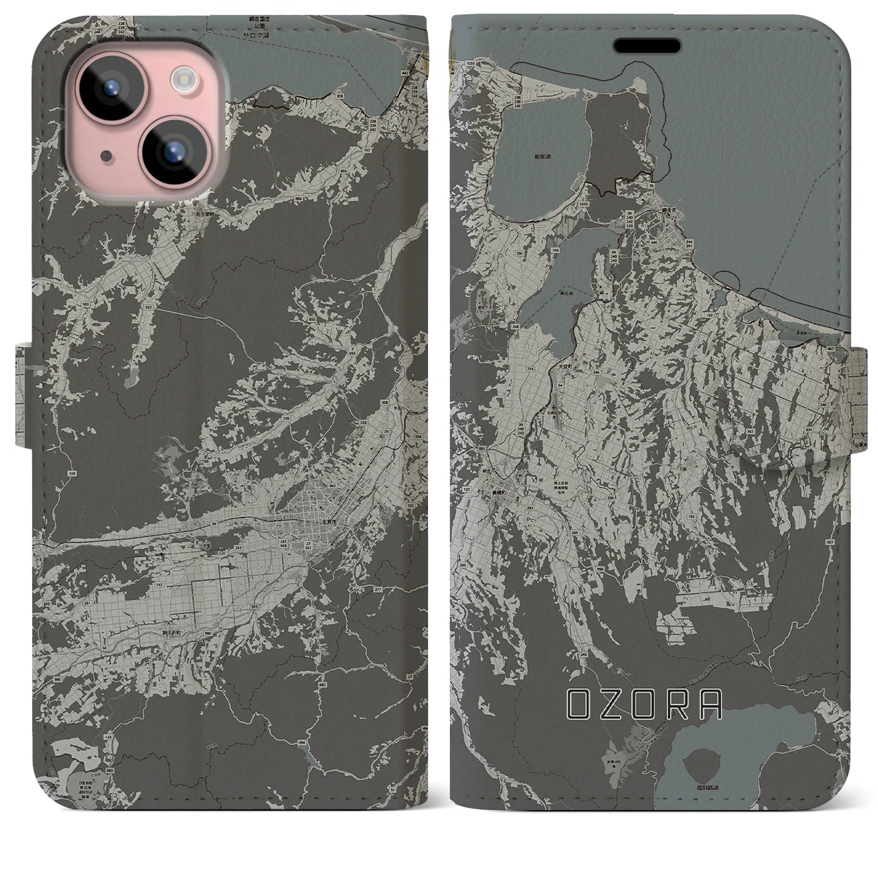 【大空(北海道)】地図柄iPhoneケース(手帳タイプ)モノトーン・iPhone 15 Plus 用