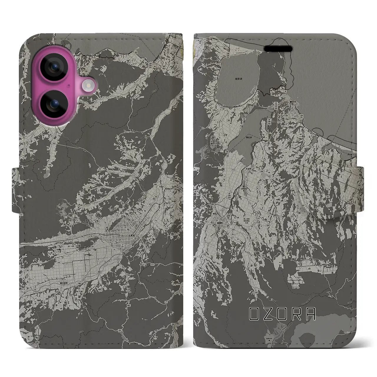 【大空(北海道)】地図柄iPhoneケース(手帳タイプ)モノトーン・iPhone 16 Pro 用