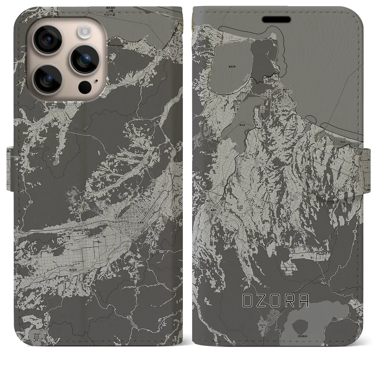 【大空(北海道)】地図柄iPhoneケース(手帳タイプ)モノトーン・iPhone 16 Plus 用
