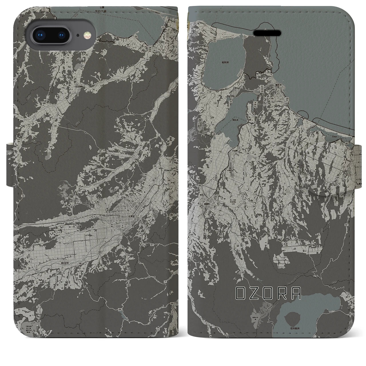【大空(北海道)】地図柄iPhoneケース(手帳タイプ)モノトーン・iPhone 8Plus /7Plus / 6sPlus / 6Plus 用