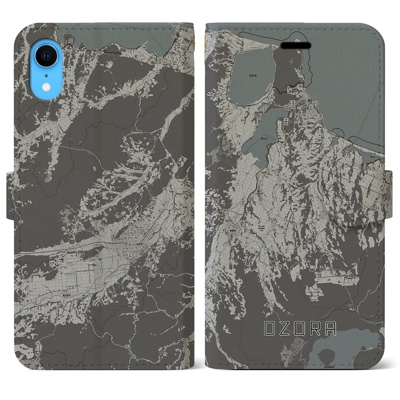 【大空(北海道)】地図柄iPhoneケース(手帳タイプ)モノトーン・iPhone XR 用