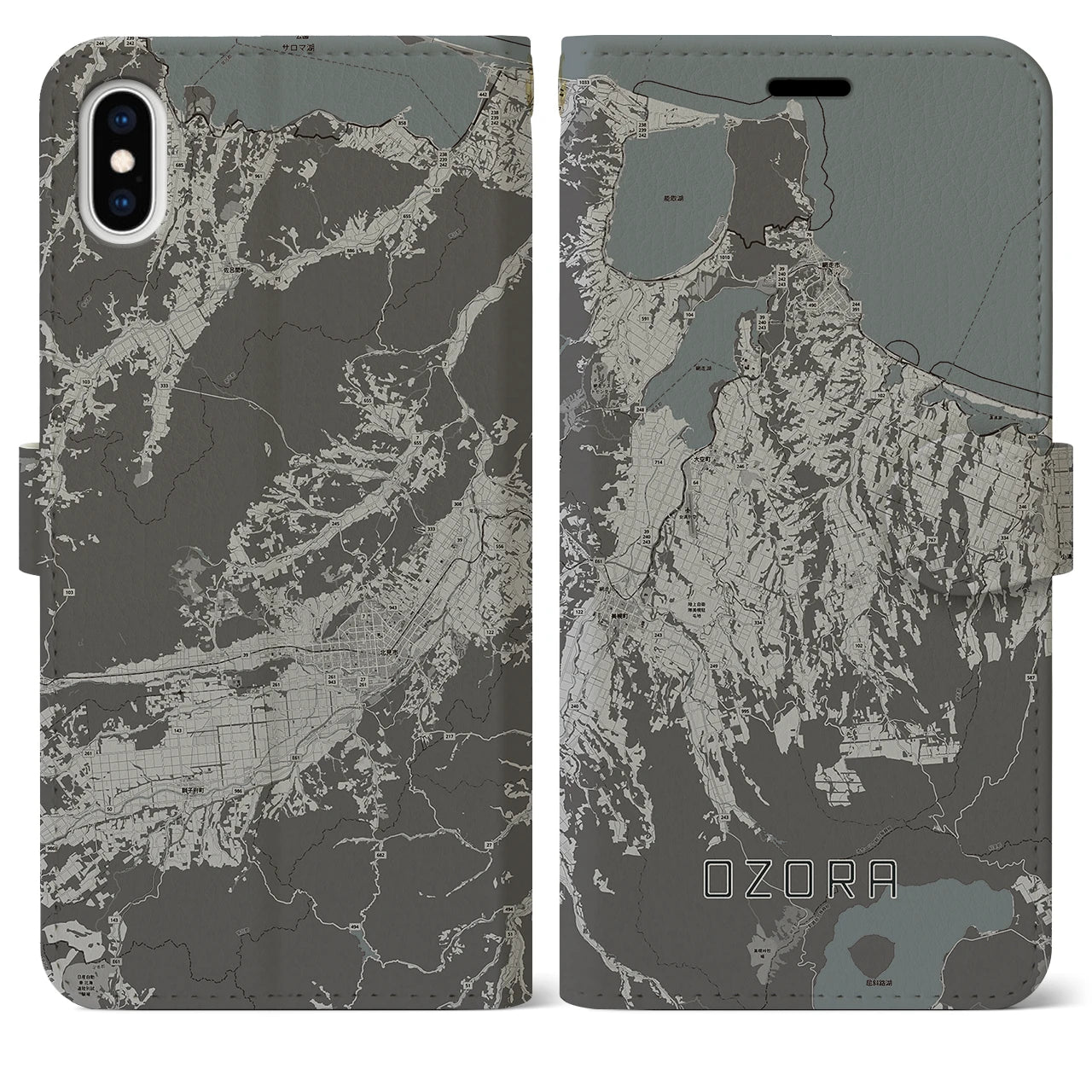 【大空(北海道)】地図柄iPhoneケース(手帳タイプ)モノトーン・iPhone XS Max 用