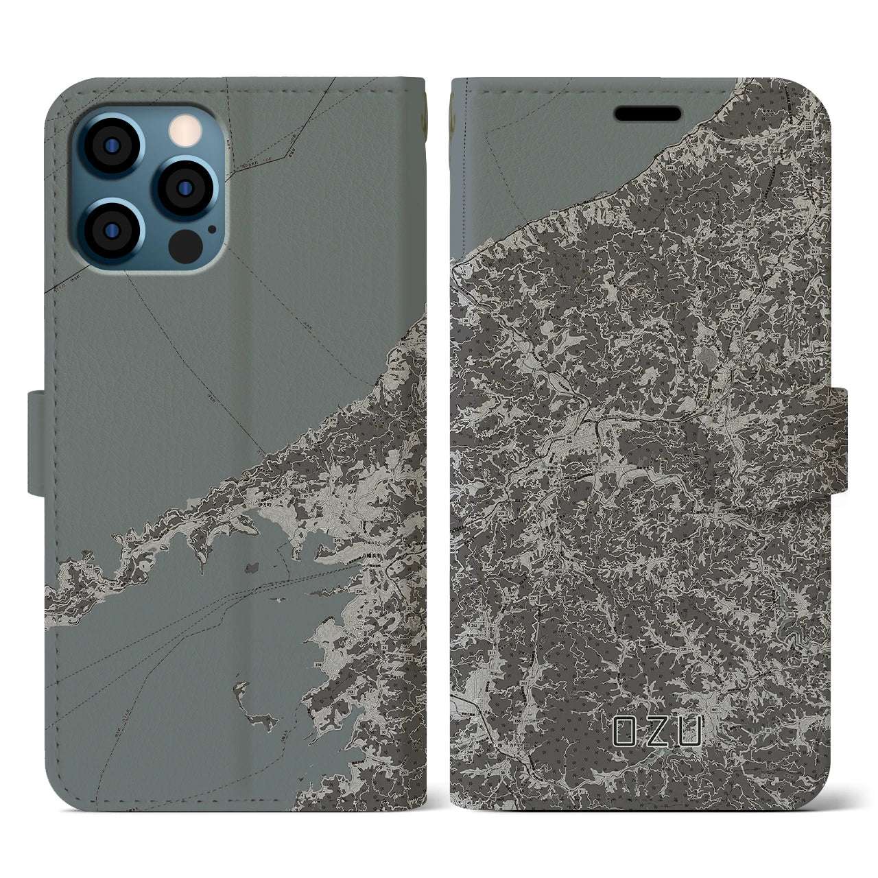 【大洲(愛媛県)】地図柄iPhoneケース(手帳タイプ)モノトーン・iPhone 12 / 12 Pro 用