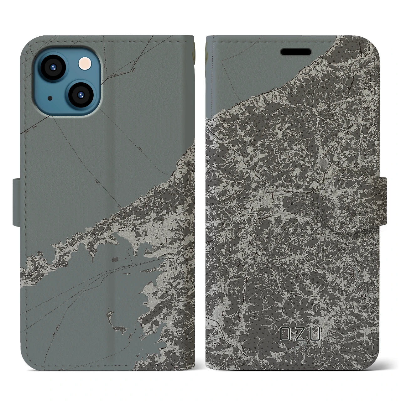 【大洲(愛媛県)】地図柄iPhoneケース(手帳タイプ)モノトーン・iPhone 13 用