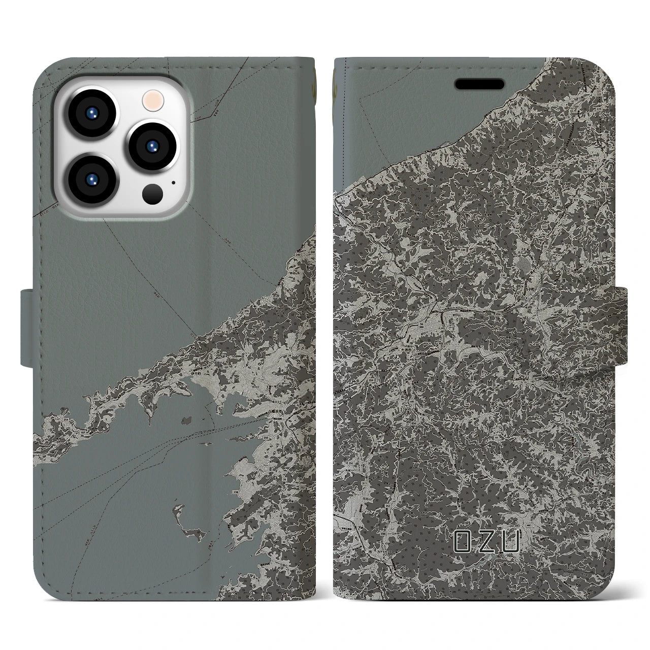【大洲(愛媛県)】地図柄iPhoneケース(手帳タイプ)モノトーン・iPhone 13 Pro 用